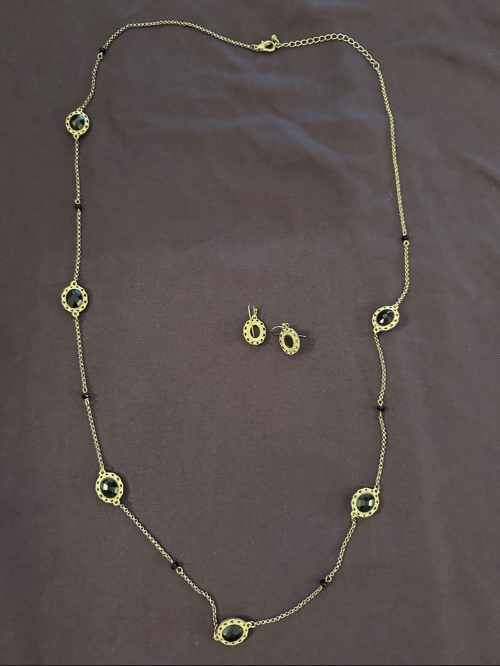 Gold-Tone Black Stone Long Necklace and Earrings Set